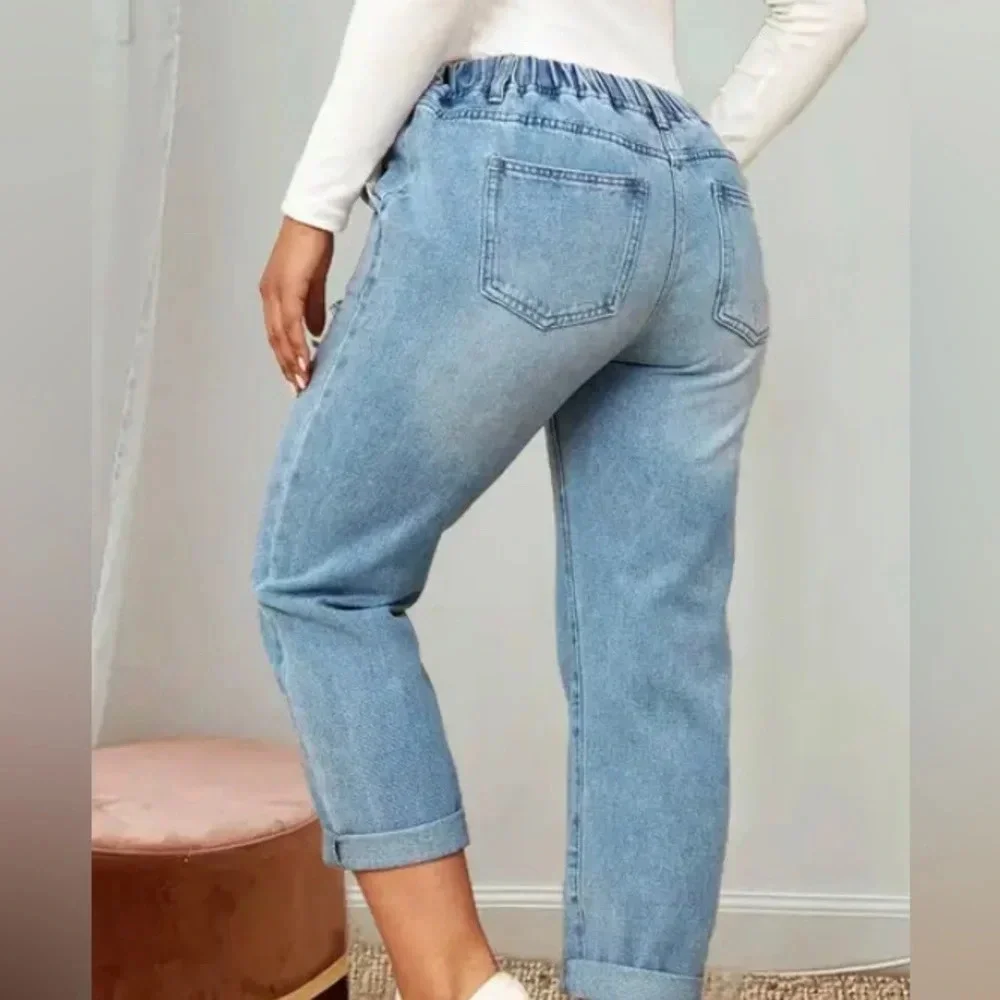 Drawstring High Waist Distress Jeans Fade Pants Pull On 2XL (14/16) Trendy NWT - Picture 8 of 14